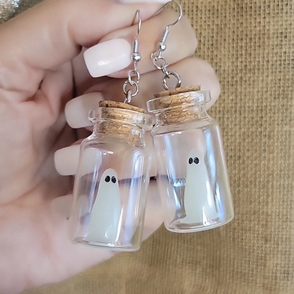 GLOW-IN-THE-DARK GHOST IN A BOTTLE EARRINGS - Picture 4 of 7